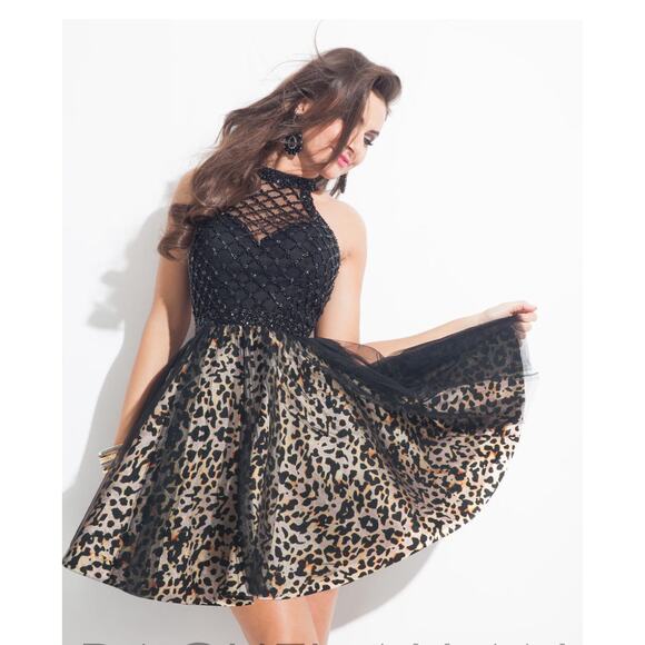 Rachel Allan 4072 Animal Print Beaded Halter Cocktail Prom Dress Tulle Black 8 - Picture 1 of 16